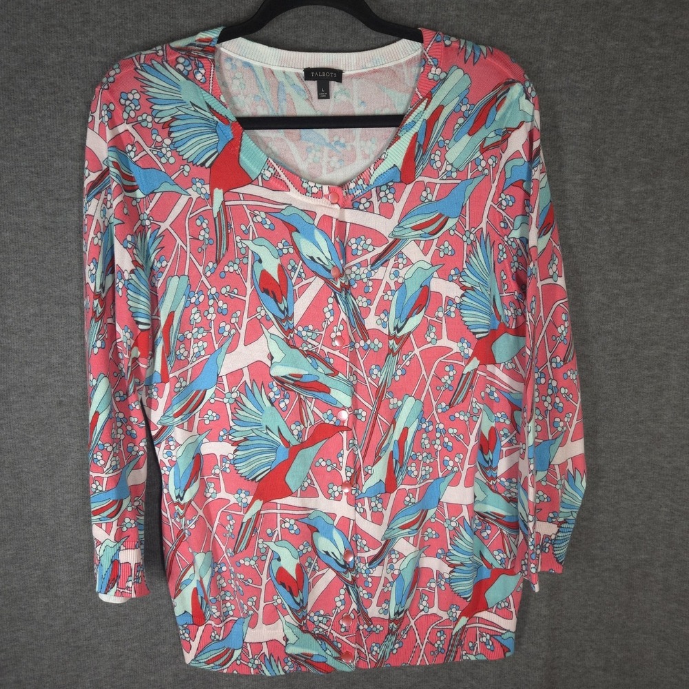Talbots Cardigan Womens Large Bird Print Tropical Resort Preppy Coastal